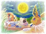  >_< cleffa clothed_pokemon cloud commentary_request feeding food highres japanese_clothes jolteon jolteon_(starry_sky) kine mallet mochi mochitsuki moon night no_humans outdoors pokemon pokemon_(creature) pokemon_cafe_remix purple_eyes runachikku scorbunny teddiursa teddiursa_(moon_dumpling) 