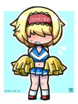  1girl alice_margatroid alternate_costume blonde_hair blue_background blue_skirt blue_tank_top blush cheerleader chibi commentary_request cookie_(touhou) dated embarrassed frilled_hairband frills full_body hair_over_eyes hairband highres holding holding_pom_poms itini-sanshi jigen_(cookie) midriff navel pom_pom_(cheerleading) red_hairband red_shoes shoes short_hair skirt socks solo tank_top touhou two-tone_background white_background white_socks 