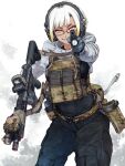  1girl aiming aiming_at_viewer ammunition_pouch ar-15 assault_rifle asymmetrical_dual_wielding black_pants blonde_hair brown_background bulletproof_vest commentary_request cowboy_shot dark-skinned_female dark_skin didloaded dual_wielding ear_protection freckles glasses glock gloves gradient_hair grey_gloves grin gun gun_sling handgun headphones highres holding holding_gun holding_weapon holster hood hooded_shrug laser_sight layered_sideboob magazine_(weapon) multicolored_hair original pants pouch rifle see-through_magazine_(weapon) short_hair shrug_(clothing) simple_background smile solo tactical_clothes two-tone_hair weapon white_hair white_shrug 