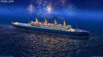  3d aerial_fireworks arsenixc bilingual_commentary blue_sky commentary copyright_logo copyright_notice cruise_ship dated_commentary english_commentary fireworks highres logo mixed-language_commentary nikki_(series) no_humans ocean official_art realistic reflection ripples scenery shining_nikki sky smoke star_(sky) starry_sky vehicle_focus water 