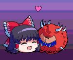  1girl black_hair bow cacodemon closed_eyes crossover doom_(series) hair_bow hair_tubes hakurei_reimu heart highres monster open_mouth purple_background sharp_teeth smile teeth touhou yukkuri_shiteitte_ne zawabug 
