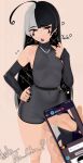  1girl ahoge bare_shoulders black_eyes black_lips black_nails breasts cellphone_photo commentary detached_sleeves english_commentary english_text hand_on_own_hip heart highres large_breasts long_hair looking_at_viewer multicolored_hair naxius_noxy no-chan_(shiwudesu) original pov pov_hands small_breasts solo_focus split-color_hair two-tone_hair viewer_holding_phone 