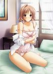  barefoot bed blush bow bow_panties breast_hold breasts brown_hair camisole cleavage crossed_arms curtains dress_shirt hair_intakes highres indoors lace lace_panties lamp large_breasts lingerie nogisaka_motoka off_shoulder official_art open_clothes open_shirt panties photo_(object) pillow pink_eyes pink_panties scan shirt short_hair sitting smile solo strap_slip suzuhira_hiro table thighs underwear undressing window yokozuwari yosuga_no_sora 