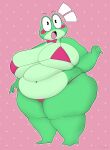 2026 absurd_res amphibian anthro belly_rolls big_breasts bikini bow_tie breasts clothing countershade_face countershade_torso countershading female floating_eyebrows frog glitch_productions green_body hi_res huge_breasts navel obese obese_female outline overweight overweight_female pink_background puhba red_bow_tie ribbit_(tadc) shocked simple_background solo swimwear the_amazing_digital_circus two-piece_swimsuit white_outline