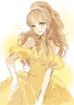  1girl bare_shoulders blonde_hair blunt_bangs breasts character_name chinese_commentary commentary_request cowboy_shot detached_sleeves dress earrings flower gloves grin hair_flower hair_intakes hair_ornament highres himeno_ran jewelry long_hair looking_at_viewer medium_breasts mole mole_on_cheek mole_on_shoulder mole_under_mouth multiple_moles ohsama_sentai_king-ohger pom_pom_(clothes) pom_pom_earrings ringlets smile solo super_sentai turtleneck turtleneck_dress wavy_hair white_background white_flower white_gloves wide_ponytail yellow_dress yellow_eyes yellow_sleeves yoru_(yorusumire) 