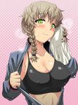 amane_suzuha blush braid breasts brown_hair cleavage covered_nipples green_eyes grey_hair hot jacket large_breasts light_smile long_hair open_clothes open_jacket open_shirt shirt solo sports_bra steins;gate sweat towel track_jacket twin_braids utamaro 