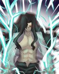  1boy abs ame_no_hi black_hair black_pants collared_shirt commentary_request electricity electrokinesis evil_grin evil_smile glowing glowing_eye grin hair_over_one_eye long_hair long_sidelocks looking_at_viewer male_focus michael_roa_valdamjong navel open_clothes open_fly open_hands open_shirt pants pectorals red_eyes shirt sidelocks smile solo toned toned_male tsukihime vampire wavy_hair 