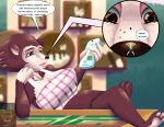 3_toes 4_fingers absurd_res animal_crossing anthro apron artist_logo big_breasts black_nose blurred_background breasts brown_body brown_eyes canid canine canis cellphone clothing crossed_legs detailed_background dialogue domestic_dog duo electronics english_text eulipotyphlan extreme_size_difference feet female fingers freckled_face freckles furniture hedgehog hi_res isabelle_(animal_crossing) justv26 leaning leaning_backward legs_up logo macro mammal micro micro_on_nose nintendo phone picture_frame picture_on_wall resting_head sable_able shih_tzu size_difference speech_bubble table text toes toy_dog yellow_body zoom_in