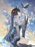  1girl absurdres ahoge bird bird_on_hand black_hair blue_bird blue_eyes blue_hair breasts closed_mouth colored_inner_hair commentary dlgeria from_side hair_ornament hand_up highres jacket long_hair long_sleeves looking_at_animal medium_breasts multicolored_hair profile sitting solo sword untranslatable_commentary weapon white_jacket wuthering_waves yangyang_(wuthering_waves) yangyang_(xuanling)_(wuthering_waves) yokozuwari 