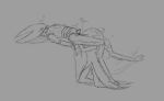 anthro arthropod blush blush_lines bodily_fluids cogheartflutters cum cum_on_ground genital_fluids heart_symbol hollow_knight_(franchise) hornet_(hollow_knight) intersex kicking_legs kneeling_oral_position lying monochrome on_back oral phantom_(hollow_knight:_silksong) sketch team_cherry tongue
