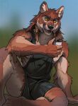 2025 accessory anthro apron apron_only arm_tuft blurred_background braided_hair brown_body brown_fur canid canine claws clothing coffee_cup container cup digital_media_(artwork) elbow_tuft finger_claws fur hair hair_accessory hair_ring hi_res inner_ear_fluff jewelry looking_at_viewer male mammal mythological_canine mythological_creature mythology pointy_ears prick_ears sinealas sitting solo teeth tirion_(suntattoowolf) tuft watermark werecanid werecanine werecreature werewolf whiskers yellow_eyes