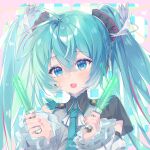  1girl ahoge aqua_hair artist_name blue_eyes blush border commentary crossed_bangs double-parted_bangs fang glowstick green_necktie hair_between_eyes hatsune_miku hatsune_miku_expo highres holding holding_glowstick long_hair long_sleeves necktie open_mouth pink_border portrait shirt skin_fang solo twintails vocaloid white_shirt wing_(39_miku831) 