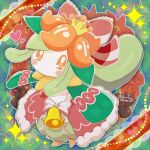  1girl absurdres bell blush_stickers bow bright_pupils capelet commentary_request flower full_body highres lilligant looking_at_viewer neck_bell no_nose orange_eyes pokemon pokemon_(creature) red_flower red_rose rose runachikku solo sparkle striped_bow white_pupils 