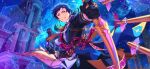  1boy arrow_(projectile) black_gloves blue_hair bow_(weapon) earrings ensemble_stars! floating_clothes floating_hair fushimi_yuzuru game_asset gloves grin happy_elements holding holding_bow_(weapon) holding_weapon jewelry long_hair long_sleeves looking_at_viewer mole mole_under_eye night official_art outdoors purple_eyes ring short_bangs sky smile spotlight_time_(ensemble_stars!) third-party_source weapon 