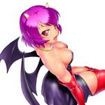  bare_shoulders bat_wings boots breasts character_request cleavage demon demon_girl dress elbow_gloves face fangs fever_powerful from_above gloves horns jewelry looking_back medium_breasts naughty_face necklace onsoku_maru purple_hair red_eyes short_hair smile solo thigh_boots thighhighs thighs wings zettai_ryouiki 