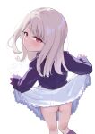  1girl ass back blush breasts clothes_lift commentary_request fate/stay_night fate_(series) illyasviel_von_einzbern kumanomi long_hair long_sleeves looking_at_viewer looking_back no_panties purple_shirt red_eyes shirt shirt_lift skirt smile solo thighs white_hair white_skirt 