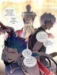  3boys archer_(fate) armor blood blood_on_face commentary_request crossed_arms cu_chulainn_(fate) cu_chulainn_(fate/stay_night) cu_chulainn_(lancer)_(fate) dangle_earrings dark-skinned_male dark_skin dual_wielding earrings fate/stay_night fate_(series) gae_bolg_(fate) gate_of_babylon_(fate) gilgamesh_(fate) gold_armor h_sueun highres holding holding_polearm holding_sword holding_weapon jewelry kanshou_&amp;_bakuya_(fate) korean_commentary korean_text long_hair low_ponytail male_focus multiple_boys official_alternate_hairstyle open_mouth pauldrons polearm ponytail serious shoulder_armor signature smile sword translation_request weapon 