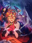  1girl absurdres alternate_costume bare_shoulders bed_sheet breasts christmas christmas_ornaments_in_hair cleavage commentary_request curtains dragalia_lost dragon_girl dragon_horns fang feet finger_to_own_chin fur_choker fur_trim gloves hair_between_eyes highres horns large_breasts long_bangs long_hair looking_at_viewer lying mym_(dragalia_lost) on_bed on_stomach open_mouth pillow red_hair skin_fang smile solo steaming_body whitcy5525 yellow_eyes yes-no_pillow 