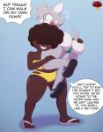 afro anthro bikini black_hair black_nose blush breasts butt canid canine canis clothing countershade_butt countershade_face countershading dark_body dark_skin dialogue domestic_dog duo embarrassed english_text fan_character female footwear freckled_face freckles fur grey_body grey_eyes grey_fur hair hair_over_eyes hand_on_butt hand_on_leg hand_on_thigh hi_res human ladycherrybomba lips mammal open_mouth sandals shoes short_tail signature swimwear tail text thick_thighs toothy_grin two-piece_swimsuit