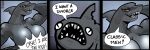 2026 3_panel_comic absurd_res anthro aquatic athletic athletic_anthro athletic_female biceps big_breasts breasts comic daddy_shark_(mewgenics) dialogue duo english_text fangs female feral fin fish gills grey_body grey_skin hi_res huge_breasts humor male mewgenics mister_feelgood open_mouth open_smile red_eyes scar shark slim_anthro slim_female small_waist smile speech_bubble talking_to_another teeth text triceps