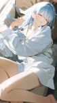  030_bv 1girl absurdres arahashi_tabi bare_legs barefoot blue_hair closed_eyes drooling hair_between_eyes highres long_hair open_mouth partially_open_shirt pungdangi_(arahashi_tabi) shirt stellive thighs virtual_youtuber white_shirt 