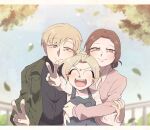  2025 2girls blonde_hair blurry blurry_background brown_hair child family green_jacket husband_and_wife jacket james_sunderland kuso_500t laura_(silent_hill) leaf mary_shepherd-sunderland multiple_girls overalls ponytail silent_hill_(series) silent_hill_2 silent_hill_2_(remake) tree 