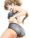  ass blue_eyes brown_hair food from_below fruit looking_back original panties ponytail regdic solo sports_bra strawberry underwear underwear_only 