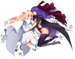  blonde_hair blue_eyes boots breasts cleavage collaboration dual_persona legs lips macross macross_frontier macross_frontier:_itsuwari_no_utahime medium_breasts midriff multiple_girls na_young_lee noa_ikeda purple_eyes purple_hair sheryl_nome thigh_boots thighhighs 
