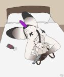 5:6 absurd_res accessory anthro aquatic aquatic_gastropod bed bed_sheet bedding big_butt bottle breasts brown_body butt cayenne_arts clothing container digital_media_(artwork) eyes_closed female flat_colors fur fur_markings furniture gastropod gun hair handgun hi_res holding_object holding_weapon jorunna_parva legwear looking_at_viewer lube lube_bottle lying markings medium_breasts mollusk neck_tuft necktie nipple_tape nudibranch on_back pasties pillow pistol ranged_weapon sea_slug simple_background slug smile smiling_at_viewer solo strapon tape thick_thighs thigh_highs truen_(cayenne_arts) tuft weapon white_body
