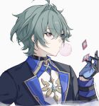  1boy ahoge belt belt_collar black_belt black_gloves blowing_bubble_gum blue_gloves blue_shirt chewing_gum choker coat collar collared_shirt genshin_impact gloves green_hair hair_between_eyes hair_intakes highres lohen_(genshin_impact) long_sleeves male_focus meow_w0609 mole mole_under_eye multicolored_eyes multicolored_gloves shirt short_hair solo two-tone_gloves upper_body white_background 