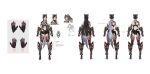  1girl animal_ears armor bikini_armor black_hair breasts chain claw_(weapon) clawed_boots claws cleavage concept_art copyright_name fenrir_(ff7) final_fantasy final_fantasy_vii final_fantasy_vii:_ever_crisis from_behind full_body grey_scarf highres long_hair looking_at_viewer looking_to_the_side midriff multiple_views navel official_alternate_costume official_art red_eyes reference_sheet scarf simple_background single_bare_shoulder square_enix straight-on thighhighs tifa_lockhart tifa_lockhart_(armor_of_the_worthy) torn_clothes torn_thighhighs weapon white_background wolf_ears 