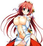  breast_suppress breasts breasts_outside center_opening daiuchuu_no_hokori green_eyes hair_ornament highres huge_breasts long_hair midriff miria_do_arcadia navel nipples no_bra open_clothes panties red_hair simple_background smile solo tiara underwear white_background yuuki_hagure 