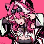  1girl absurdres animal_ears artist_name beret black_gloves black_hat blue_gem blush breasts cleavage coat collared_shirt commentary double_v english_commentary fangs fingernails gem gloves goggles goggles_on_head hair_intakes half_gloves hat highres hololive hololive_english jewelry large_breasts long_hair long_sleeves looking_at_viewer multicolored_hair multiple_rings nail_polish open_clothes open_coat open_mouth panther_ears panther_girl pink_coat pink_hair pink_nails raora_panthera raora_panthera_(1st_costume) re_plicante ring shirt simple_background single_glove single_half_glove sleeveless sleeveless_shirt smile solo streaked_hair v v_over_eye virtual_youtuber white_shirt yellow_eyes 
