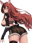  1girl animal_ear_fluff animal_ears ass back black_gloves bracer breasts cameltoe character_request commentary commission copyright_request english_commentary fingerless_gloves gloves grey_eyes hair_between_eyes highres long_hair looking_back mad_kimo median_furrow red_hair sideboob solo thighhighs white_background 