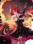 1girl absurdres arknights arknights:_endfield arm_up bare_shoulders black_dress black_gloves black_horns black_sleeves breasts chinese_commentary cleavage closed_mouth commentary cowboy_shot detached_sleeves dress embers fire gloves hair_between_eyes hair_intakes highres horns laevatain_(arknights) long_sleeves looking_at_viewer medium_breasts multicolored_eyes nayuko_(wuyou_nayuko) purple_eyes red_eyes red_hair short_hair solo standing surtr_(arknights) two-tone_eyes v-shaped_eyebrows 