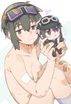  1girl absurdres bandages blush breasts commentary_request fur_hat goggles goggles_on_headwear green_eyes green_hair hat heart highres holding holding_stuffed_toy kino_(kino_no_tabi) kino_no_tabi kokuya_(kokuya28) looking_at_viewer nipples nude short_hair small_breasts smile socks stuffed_toy tomboy translation_request very_short_hair white_socks 