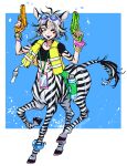 2026 animal_ears black_body bottle clothed clothed_taur clothing container crop_top equid equid_taur equine equine_taur full-length_portrait hair holding_object holding_toy holding_toy_gun holding_water_gun hooves humanoid_taur light_body light_skin mammal mammal_taur markings portrait shirt short_hair simple_background solo striped_body striped_markings striped_tail stripes tail tail_markings taur topwear toy toy_gun tsulala unguligrade water_bottle water_gun white_body zebra zebra_taur
