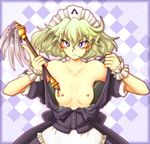  blush flat_chest green_hair harisenbon_chop maid maid_headdress mouri_teru nipples purple_eyes rance_(series) sengoku_rance solo white_hair 