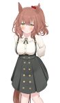  1girl animal_ears aston_machan_(casual)_(umamusume) aston_machan_(umamusume) blush breasts brown_hair casual ceresia8327 closed_mouth commentary_request ear_scrunchie green_eyes green_skirt hair_ornament hair_scrunchie highres horse_ears horse_girl horse_tail large_breasts long_sleeves looking_at_viewer medium_hair one_side_up red_scrunchie scrunchie shirt simple_background skirt smile solo suspender_skirt suspenders tail umamusume white_background white_shirt 