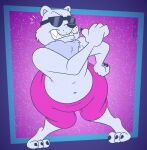 alternate_version_at_source bared_teeth bear bottomwear clothing digitigrade eyewear gavanzude grin hi_res ice_climber male mammal pants polar_bear polar_bear_(ice_climber) pose purple_background purple_bottomwear purple_clothing purple_pants signature simple_background smile solo sunglasses teeth ursine