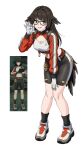  1girl :d arknights arknights:_endfield black-framed_eyewear black_hair black_shorts black_socks black_tail breasts character_request chinese_commentary cleavage cleavage_cutout clothing_cutout commentary_request crop_top cropped_jacket full_body game_screenshot_inset glasses gloves grin hand_on_own_leg highres jacket jiandan_wuseng kneehighs long_hair medium_breasts ok_sign orange_jacket screenshot_inset shoes shorts smile socks solo standing tail white_gloves yellow_eyes 