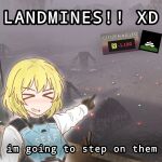  >_< 1girl :d artist_name black_gloves blonde_hair blush bulletproof_vest commentary english_commentary english_text explosive game_screenshot_background gloves helldivers_(series) highres mine_(weapon) no_nose open_mouth piggy0920 pointing screenshot_background seaf_soldier_(helldivers) short_hair smile solo xd 