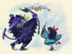  1boy 1girl aqua_(deltarune) aqua_dress blue_hair boots bow colored_skin commentary deltarune devilsknife_(deltarune) dress english_commentary hair_bow hat highres holding holding_knife holding_scythe jester jester_cap jevil jevilstail knife purple_skin red_boots red_bow scar_across_eyes scythe smile sorshters spade_(shape) sparkle utdr_(toby_fox) 