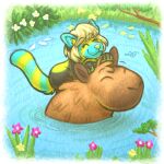 1:1 absurd_res ailurid anthro capybara caviid duo female flower hi_res mammal naoto petals plant pond red_panda rodent smile solo water
