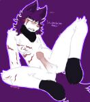 absurd_res anthro astralred blush canid canine clothing embarrassed featureless_feet feet footwear fox fur genitals hair hi_res humanoid_genitalia humanoid_penis kerchief male mammal nude nude_male penis presenting presenting_penis purple_hair requesting scar scars_on_chest sex_request socks solo submissive submissive_male white_body white_fur