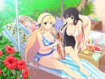  2girls adjusting_hair barefoot beach berry bikini black_hair blonde_hair blue_bikini blue_eyes blue_flower blue_ribbon blunt_bangs blush bowl breasts bush chair cherry cleavage collarbone commentary cup drink drinking_glass drinking_straw floral_print flower food front-tie_bikini_top front-tie_top fruit green_eyes groin hair_ribbon hand_on_own_knee hanging_breasts hibiscus hime_cut ikaruga_(senran_kagura) innertube katsuragi_(senran_kagura) large_breasts leaf leaning_forward long_hair looking_at_viewer lotion lounge_chair multiple_girls navel official_art orange_(fruit) orange_slice outdoors palm_tree plant polka_dot purple_flower red_flower ribbon sand scrunchie senran_kagura senran_kagura_new_link smile strawberry sunflower_print sunscreen swim_ring swimsuit swimsuit_skirt table towel tree tropical_drink very_long_hair watermelon watermelon_slice whipped_cream white_bikini 
