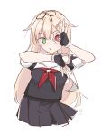  1girl alternate_eye_color black_gloves black_shirt black_skirt blonde_hair blush center-flap_bangs cowboy_shot dated double-parted_bangs fingerless_gloves gloves green_eyes hair_between_eyes hair_flaps hand_up heterochromia highres hikashima_(shiofune) kantai_collection long_hair looking_at_viewer neckerchief ok_sign parted_lips pleated_skirt red_eyes red_neckerchief scarf shirt short_sleeves sidelocks signature simple_background skirt solo very_long_hair white_background white_scarf white_shirt yuudachi_(kancolle) yuudachi_kai_ni_(kancolle) 