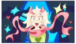 2_horns anthro black_sleeves blush border bovid caprine clothed clothed_anthro clothing cosmic_logem darkner deltarune fully_clothed fully_clothed_anthro fur goat green_clothing green_topwear half-length_portrait heart_clothing heart_symbol hi_res horn male mammal open_mouth pink_horn pink_scarf portrait ralsei scarf solo topwear undertale_(series) white_body white_border white_fur