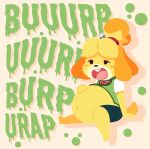 2026 animal_crossing anthro belly big_belly bloated blonde_hair bottomwear buckteeth burp_fetish burping canid canine canis cardigan clothed clothing domestic_dog dot_eyes drop_shadow exposed_belly female flat_chested fur green_clothing green_shirt green_topwear hair hair_bun half-closed_eyes hi_res huge_burp isabelle_(animal_crossing) mammal narrowed_eyes nintendo onomatopoeia open_mouth overweight overweight_anthro overweight_female shih_tzu shirt simple_background simple_eyes sitting skirt smuggoblin solo sound_effects tail teeth text topwear toy_dog yellow_body yellow_fur
