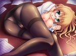  :o ass blonde_hair blue_eyes blush breasts cameltoe crotch_seam embarrassed glasses highres legs long_hair lying massan medium_breasts miniskirt nipples no_bra office_lady on_side open_clothes open_mouth open_shirt original panties panties_under_pantyhose pantyhose paper pink_panties shiny shiny_clothes shirt skirt solo thighband_pantyhose underwear wallpaper 